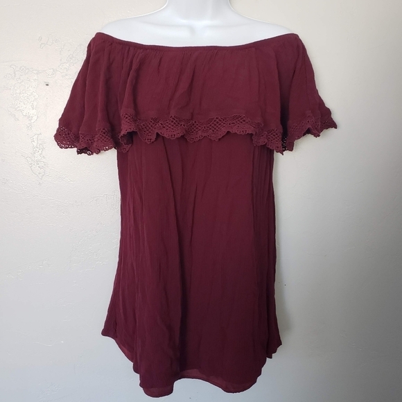 Rue21 Small Burgundy Off the Shoulder Mini Dress Flounce Neck Tunic - Picture 1 of 6